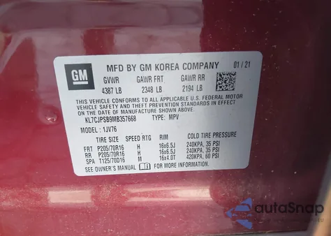 2021 Chevrolet Trax Awd Lt из США, поврежденный, VIN KL7CJPSB9MB357668